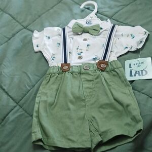 Baby Boys Little Lad 4pc Set Shirt Tie Suspenders Shorts Size 3/6 mo NW